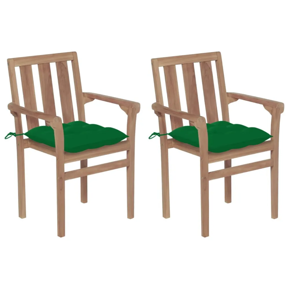 Cadeiras de jardim com almofadões verde 2 pcs teca maciç com Encosto Ajustável