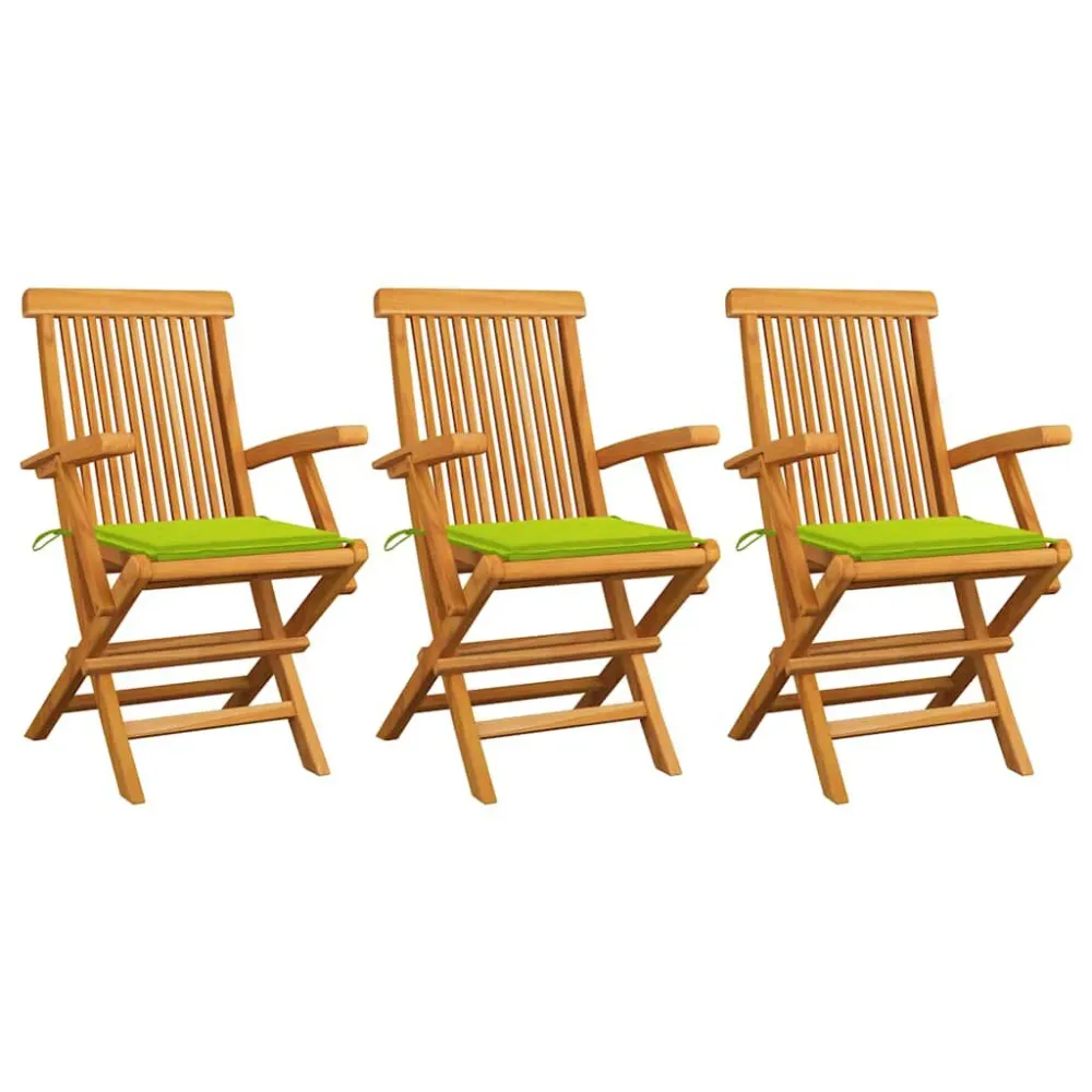 Cadeiras jardim com almofadões verde resplandecente 3 pcs teca maciç com Tecido Impermeável UV