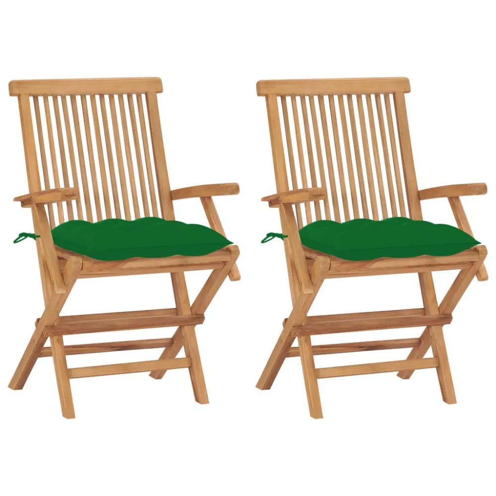 Cadeiras de jardim com almofadões verdes 2 pcs teca maciç com Revestimento em Textilene