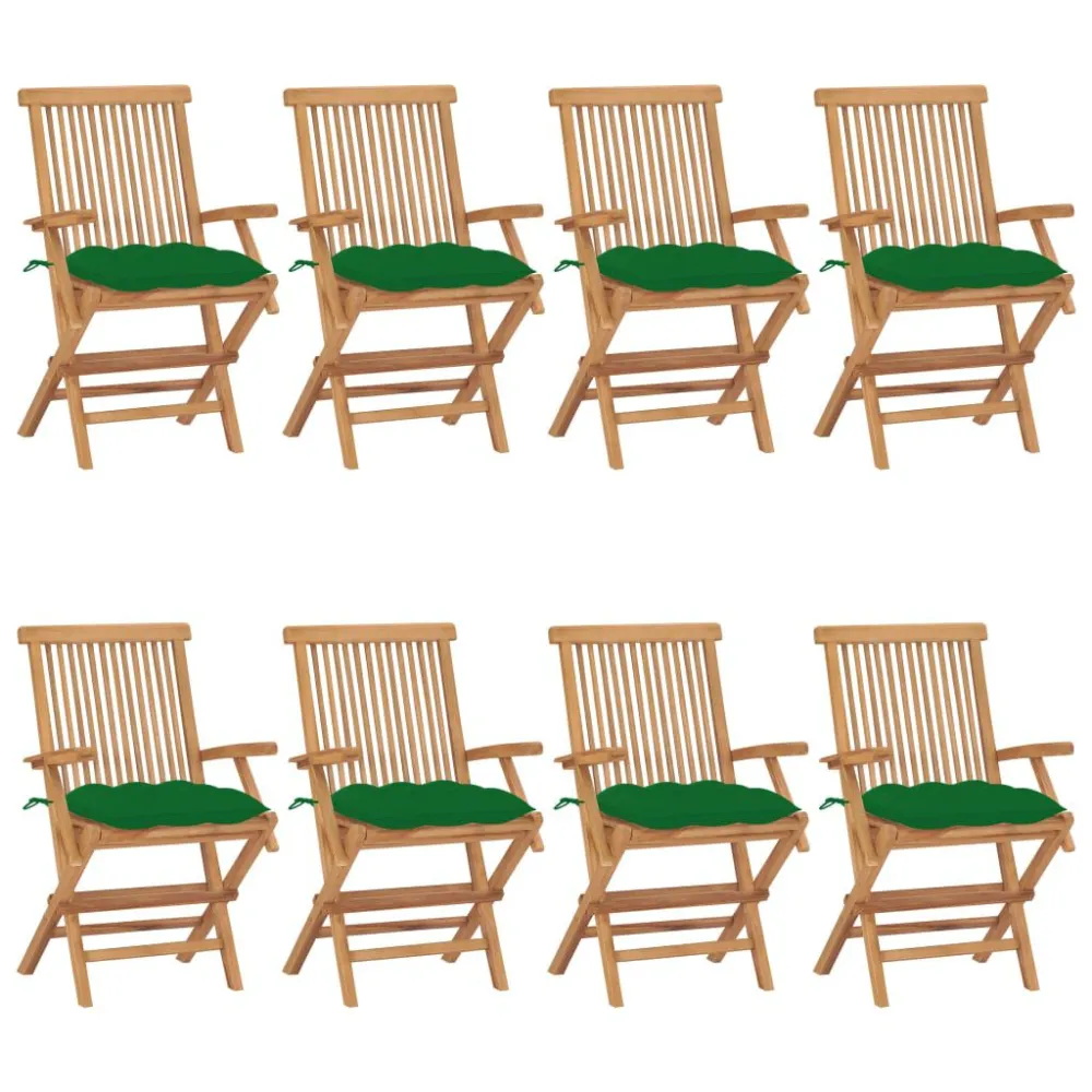 Cadeiras de jardim com almofadões verdes 8 pcs teca maciç com Tecido Impermeável UV