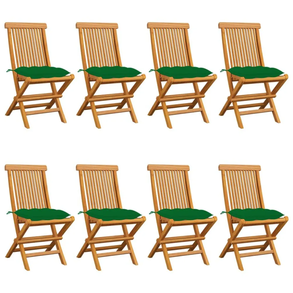 Cadeiras de jardim com almofadões verdes 8 pcs teca maciç com Apoio para Bebidas