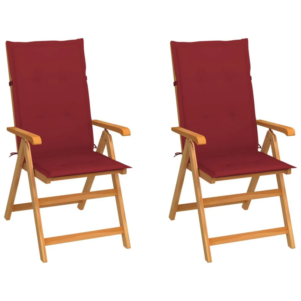 Cadeiras jardim com almofadões vermelho tinto 2 pcs teca maciç para Piscina e Jardim
