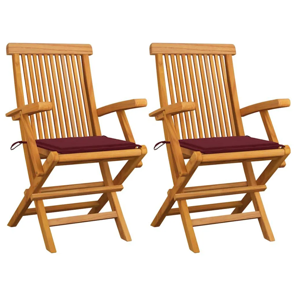 Cadeiras jardim com almofadões vermelho tinto 2 pcs teca maciç para Relaxamento ao Ar Livre