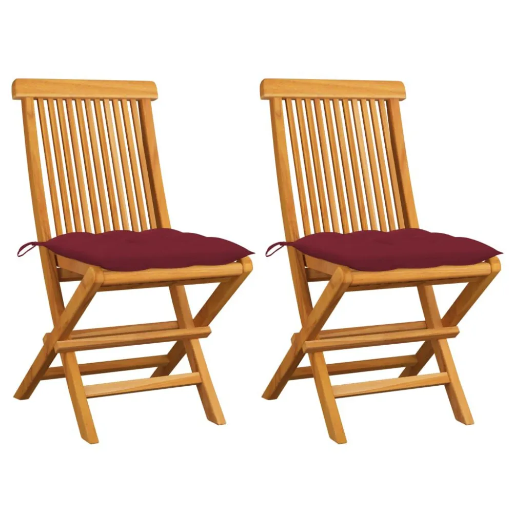 Cadeiras jardim com almofadões vermelho tinto 2 pcs teca maciç em Tecido Sunbrella