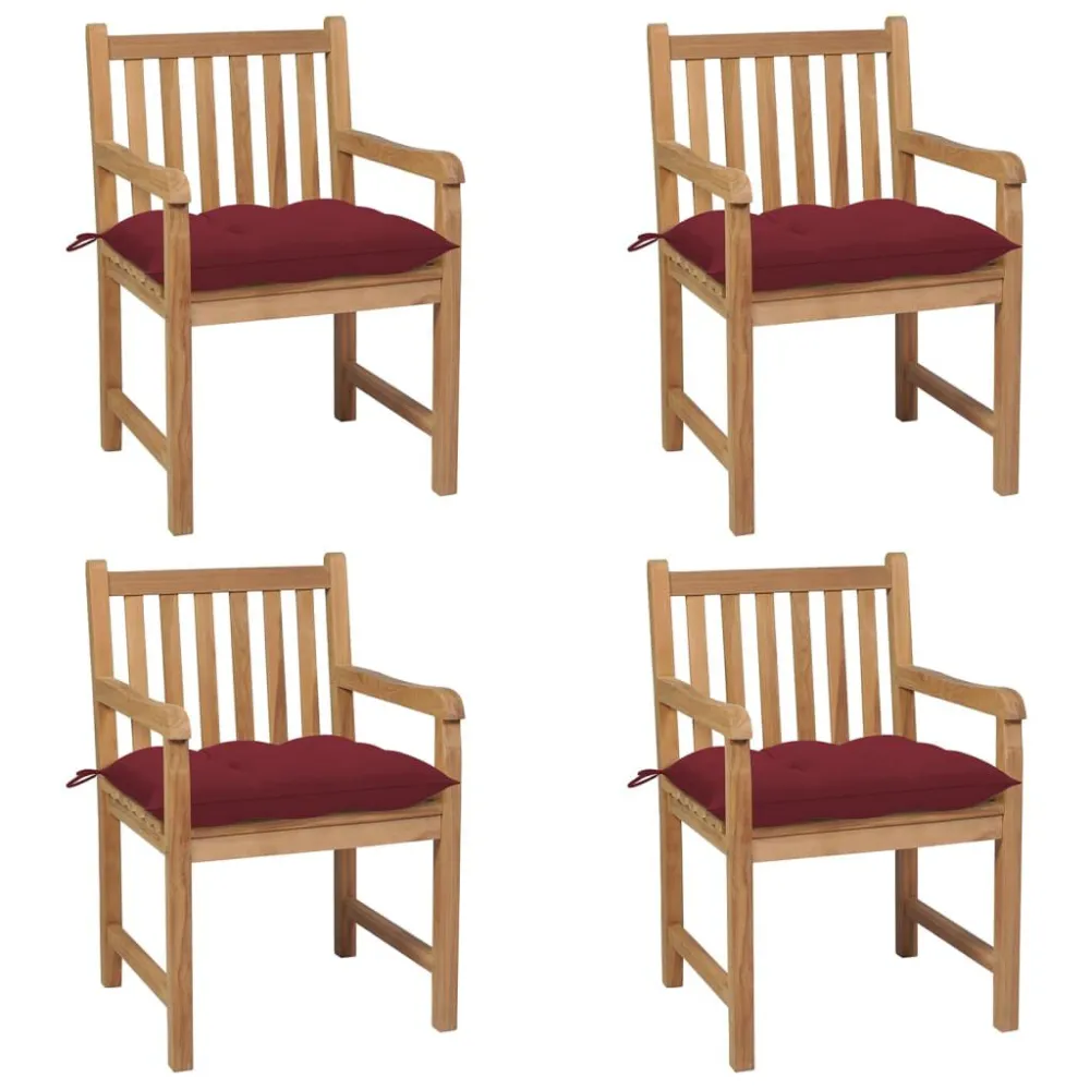 Cadeiras de jardim com almofadões vermelho tinto 4 pcs teca maciç em Tecido Sunbrella