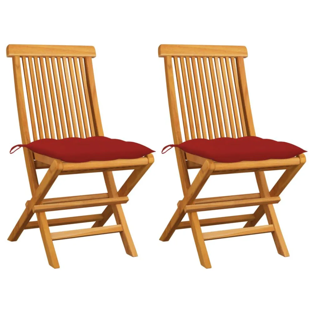 Cadeiras de jardim com almofadões vermelhos 2 pcs teca maciç | Montagem Fácil e Rápida