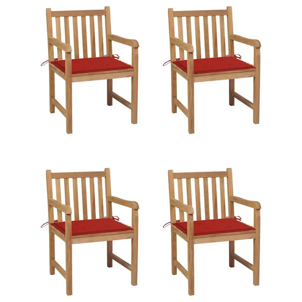 Cadeiras de jardim com almofadões vermelhos 4 pcs teca maciç com Encosto Ajustável