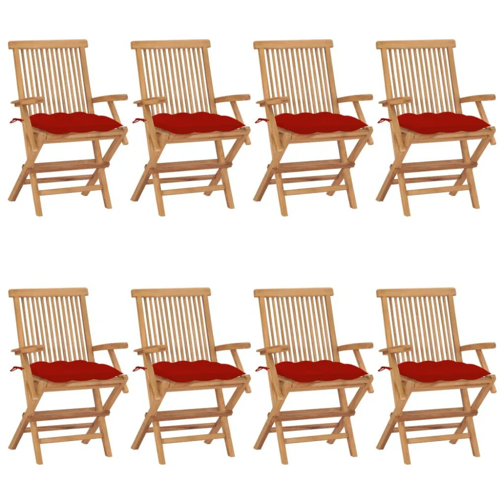 Cadeiras de jardim com almofadões vermelhos 8 pcs teca maciç para Piscina e Jardim