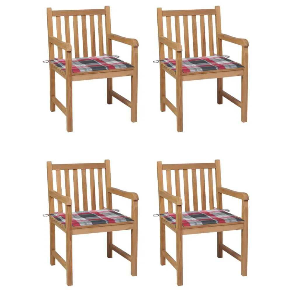 Cadeiras jardim com almofadões xadrez vermelho 4 pcs teca maciç com Estrutura em Alumínio