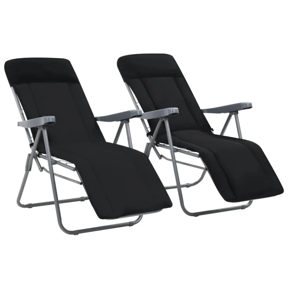 Cadeiras de jardim dobráveis com almofadões 2 pcs preto com Apoio para Bebidas