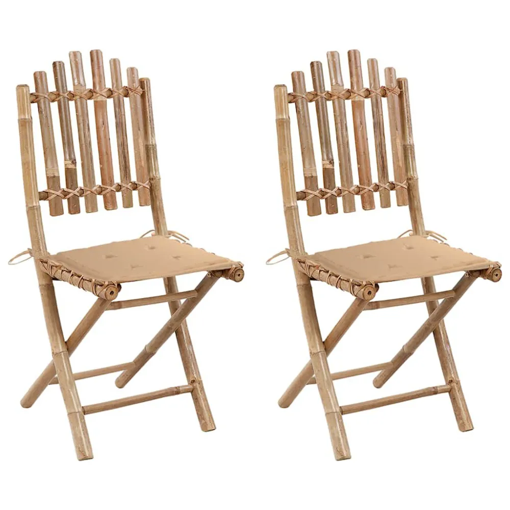 Cadeiras de jardim dobráveis com almofadões 2 pcs bambu para Piscina e Jardim