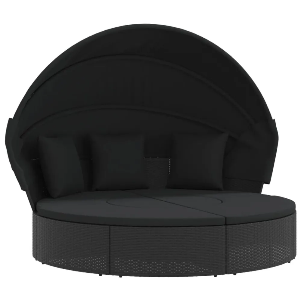 Cama lounge de exterior com toldo e almofadões vime PE preto com Tecido Impermeável UV