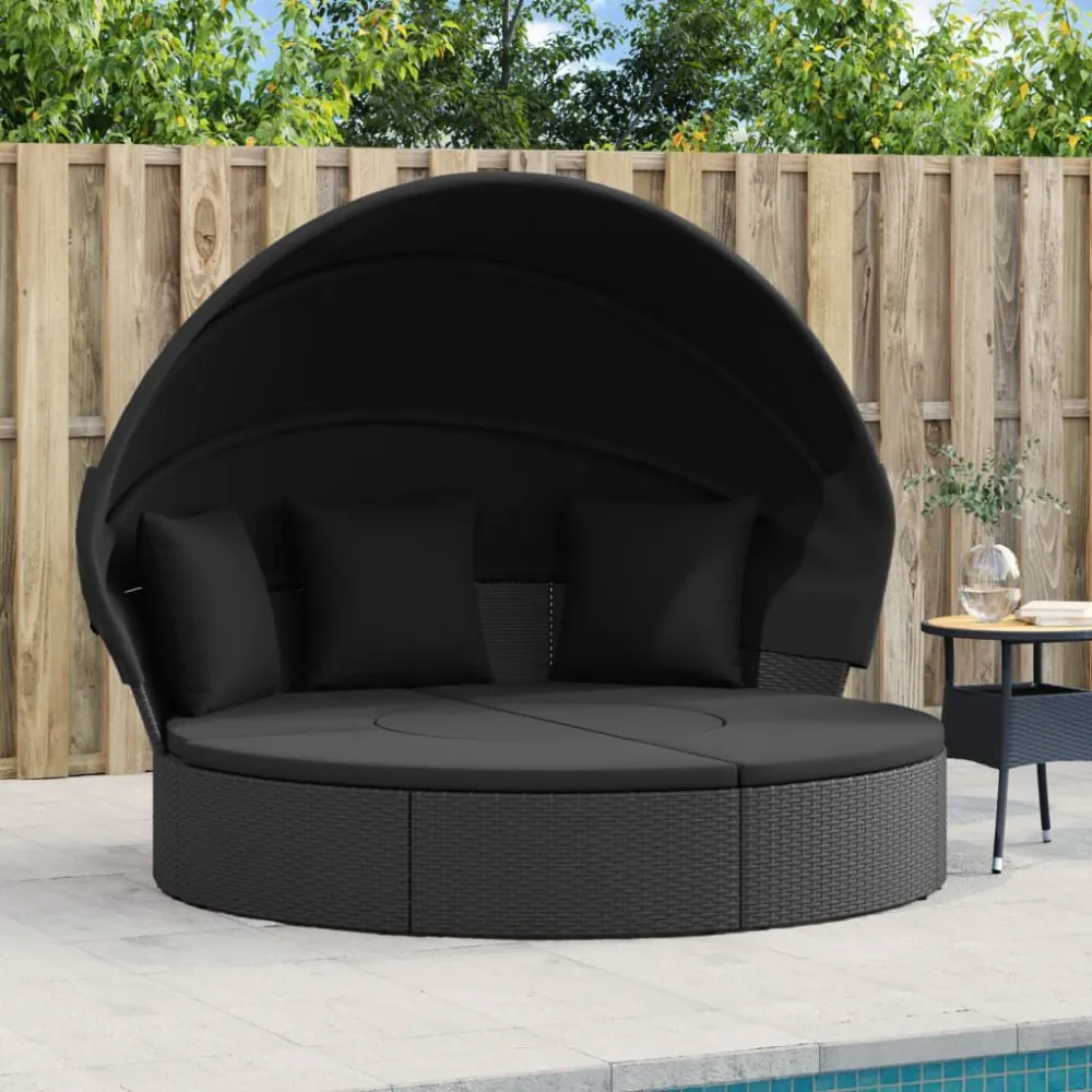 Cama lounge de exterior com toldo e almofadões vime PE preto com Tecido Impermeável UV