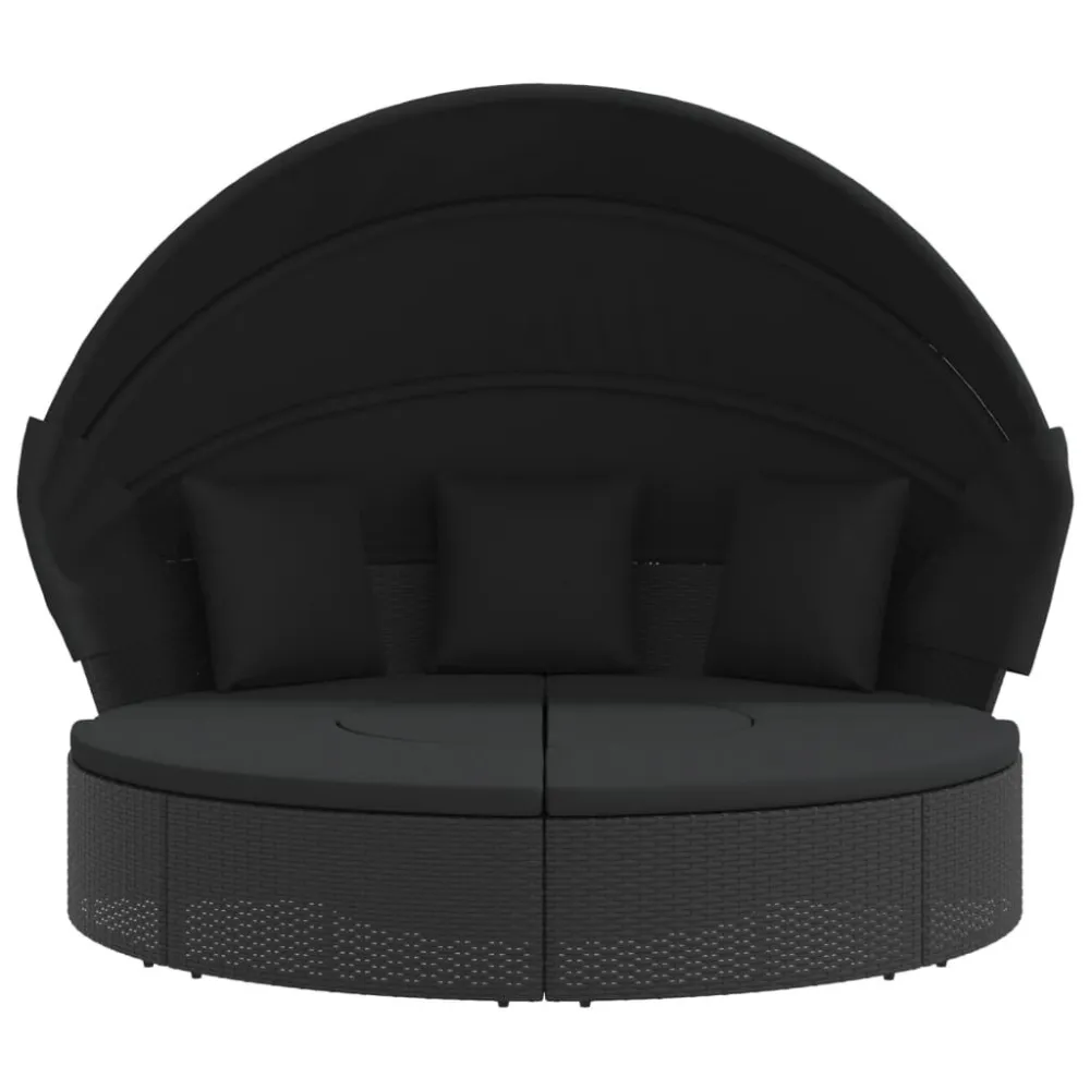 Cama lounge de exterior com toldo e almofadões vime PE preto com Tecido Impermeável UV