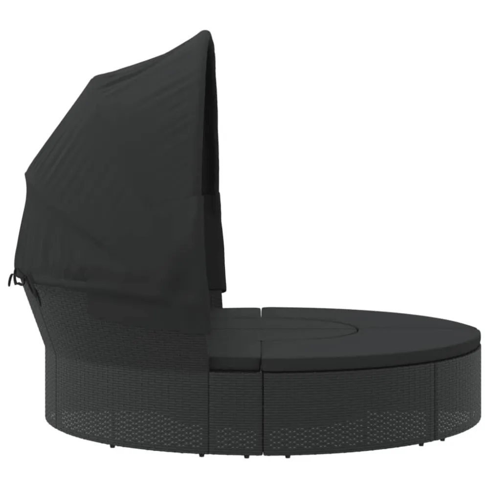 Cama lounge de exterior com toldo e almofadões vime PE preto com Tecido Impermeável UV
