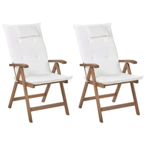 Conjunto de 2 cadeiras de jardim com almofadas AMANTEA Madeira de acácia Branco creme | Montagem Fácil e Rápida