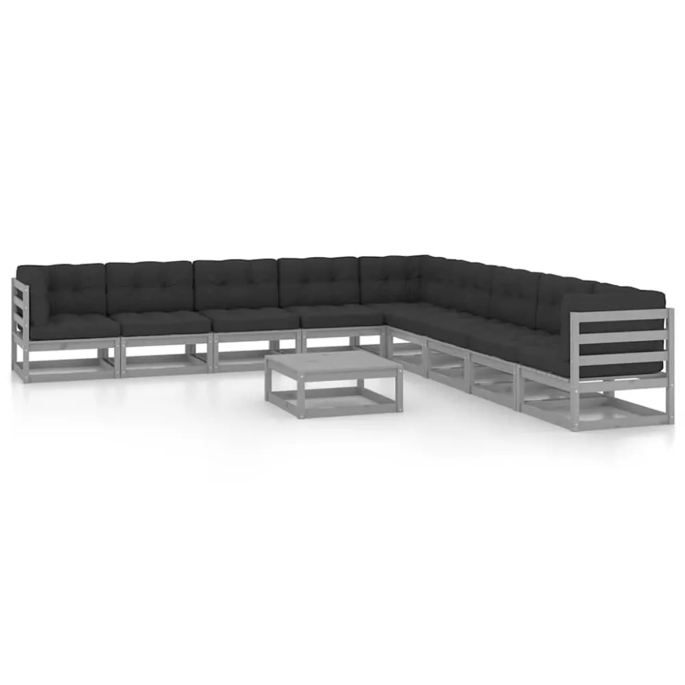 Conjunto Completo de 10pcs conjunto lounge de jardim + almofadões pinho maciço cinza