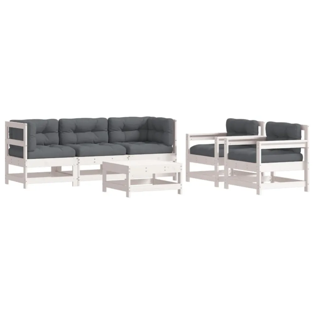 Conjunto Completo de 6pcs conjunto lounge jardim com almofadões madeira maciç branco