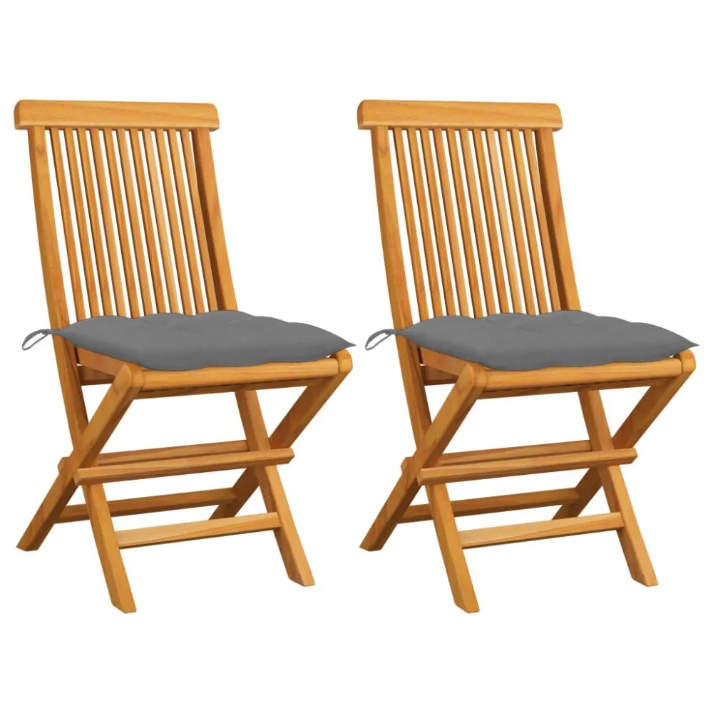 Conjunto Completo de Cadeiras de jardim com almofadões cinzentos 2 pcs teca maciç