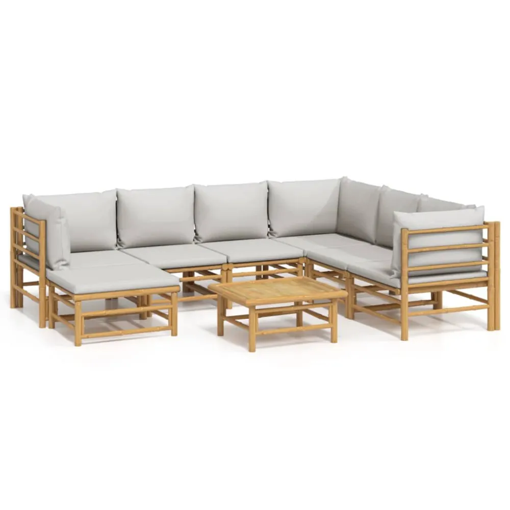 Conjunto Completo de 8 pcs conj. lounge de jardim bambu com almofadões cinzento-claro