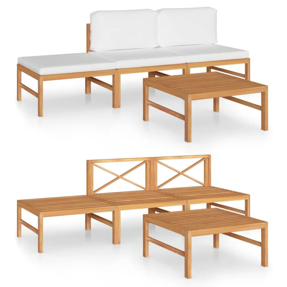 Conjunto Completo de 4 pcs conj. lounge jardim com almofadões cor creme teca maciç