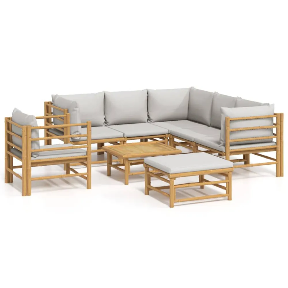 Conjunto Completo de 8 pcs conj. lounge de jardim bambu com almofadões cinzento-claro
