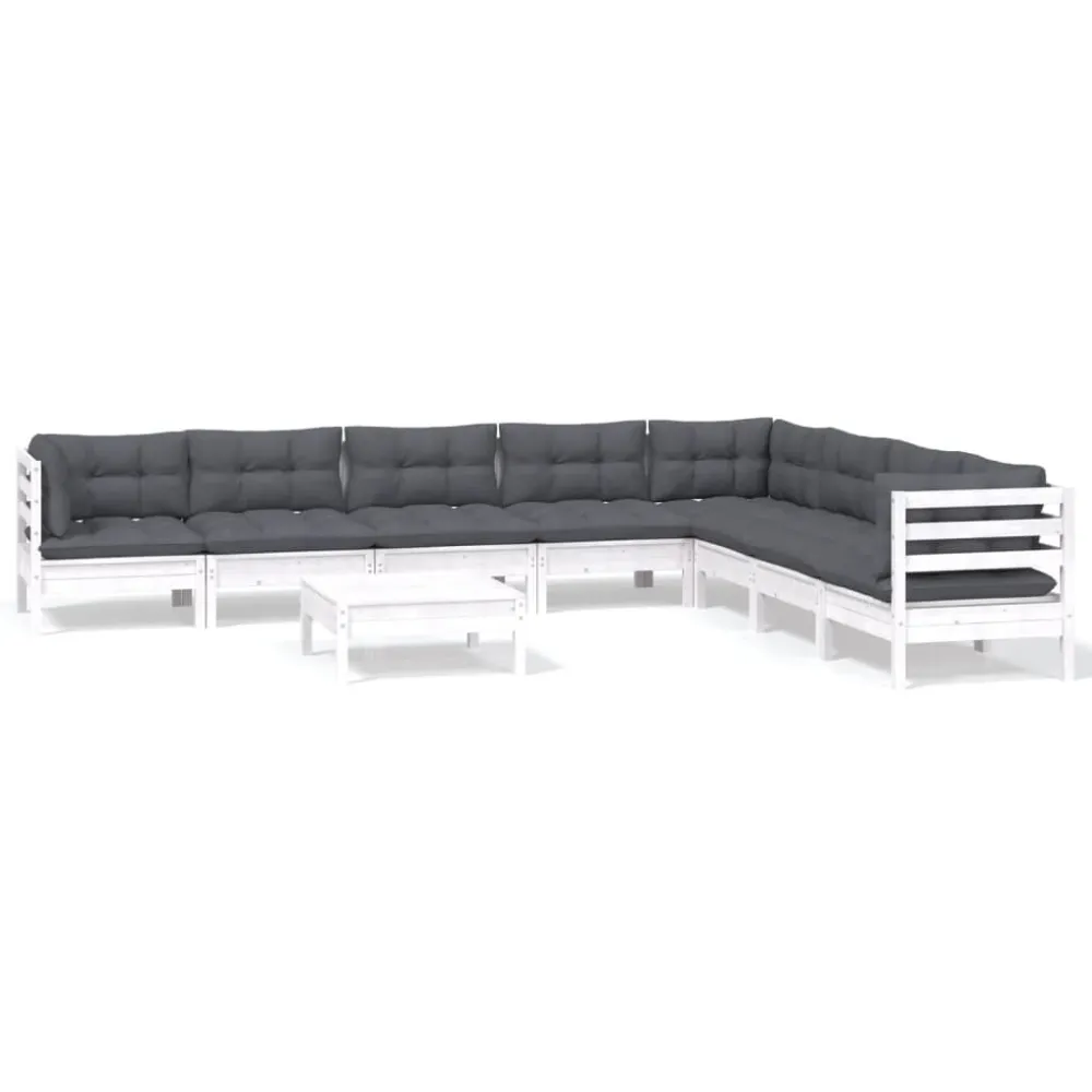 Conjunto Completo de 9 pcs conj. lounge de jardim com almofadões pinho maciço branco