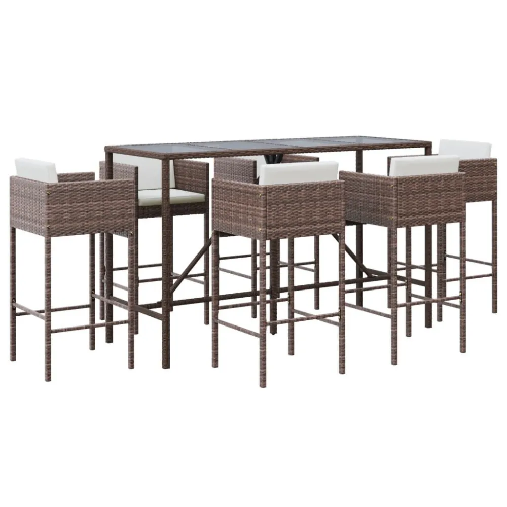 Conjunto Completo de 7 pcs conjunto de bar para jardim com almofadões vime PE castanho