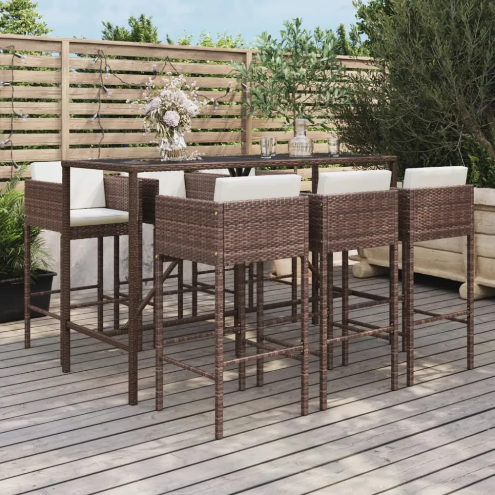 Conjunto Completo de 7 pcs conjunto de bar para jardim com almofadões vime PE castanho