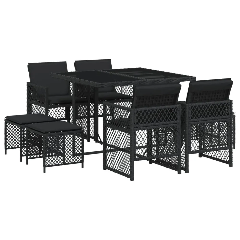 Conjunto Completo de 9 pcs conjunto de jantar para jardim com almofadões vime PE preto