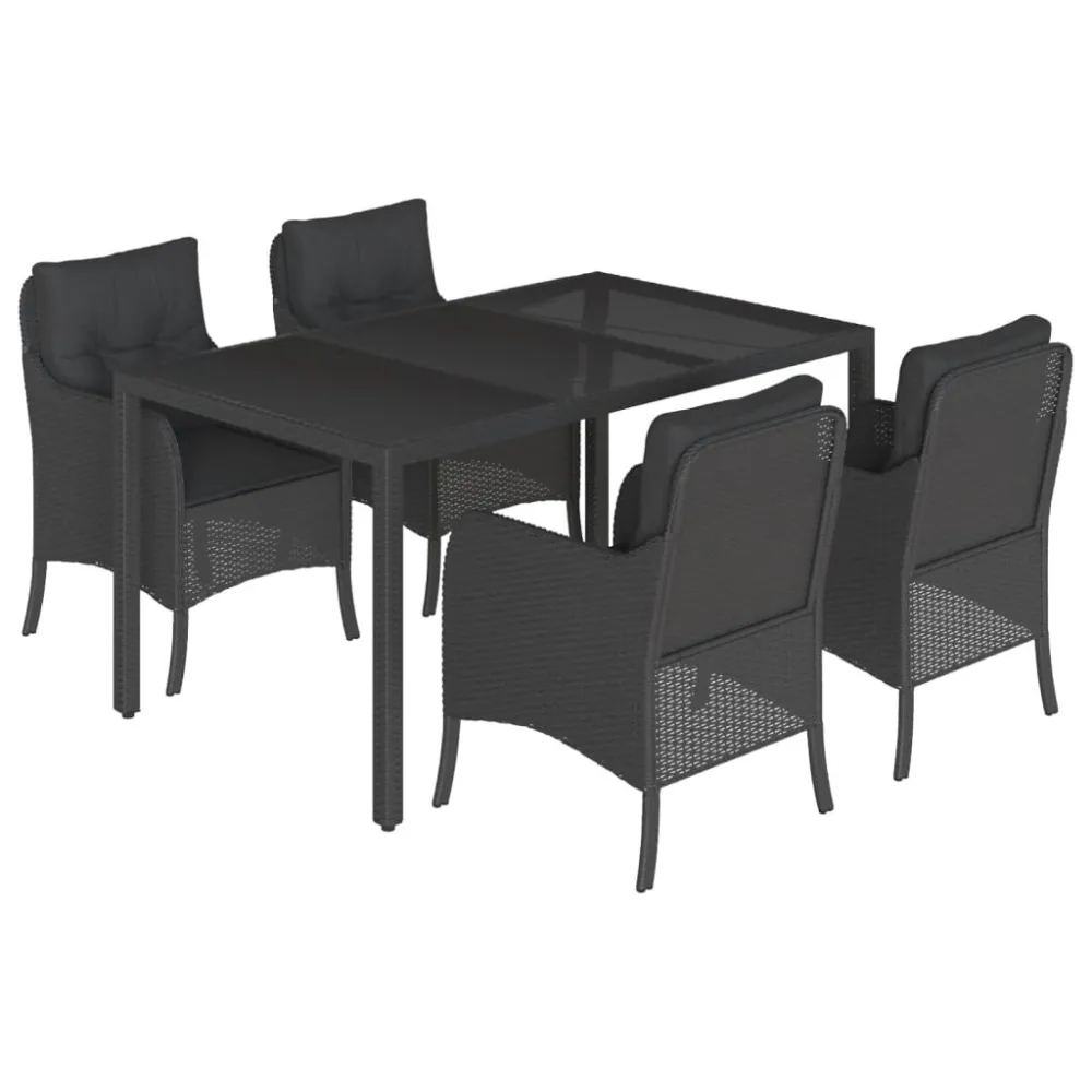 Conjunto Completo de 5 pcs conjunto de jantar para jardim com almofadões vime PE preto