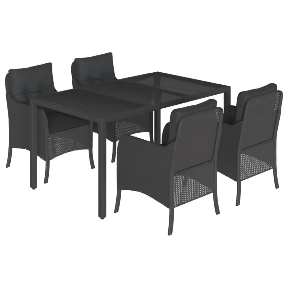 Conjunto Completo de 5 pcs conjunto de jantar para jardim com almofadões vime PE preto