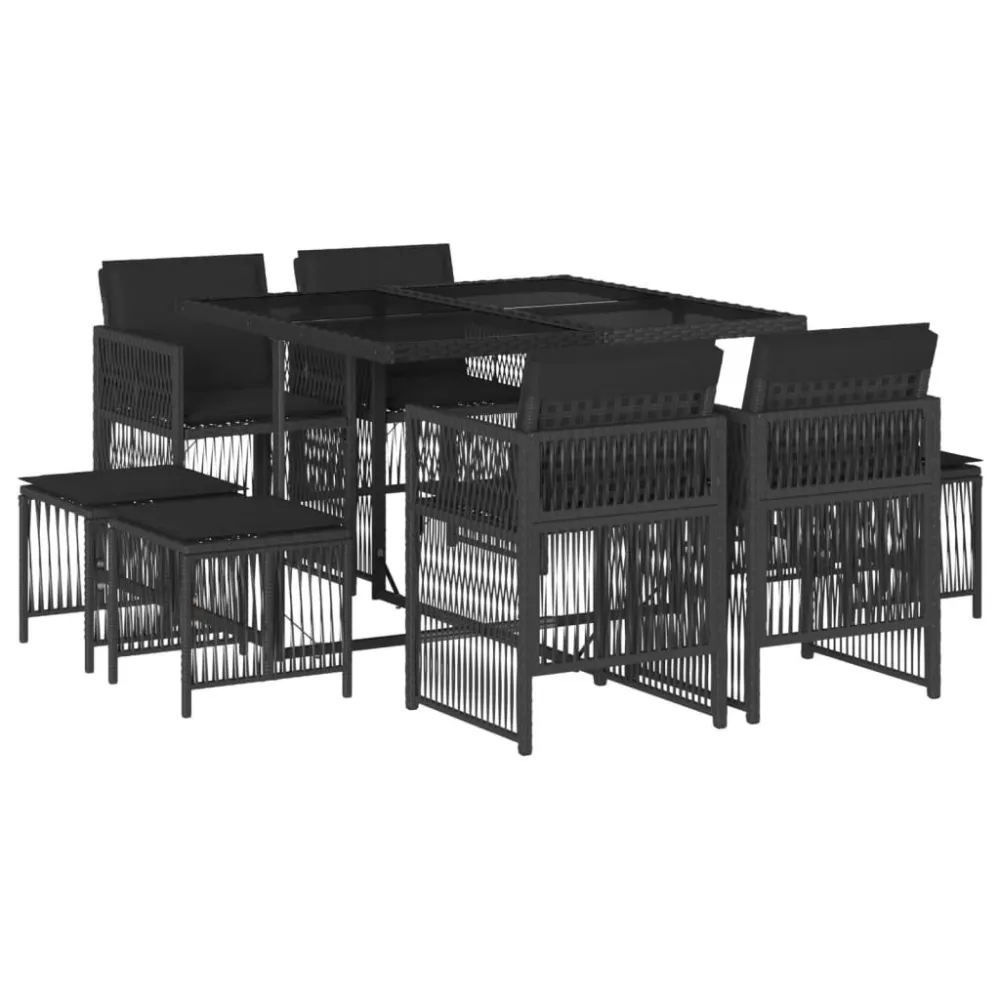 Conjunto Completo de 9 pcs conjunto de jantar para jardim com almofadões vime PE preto