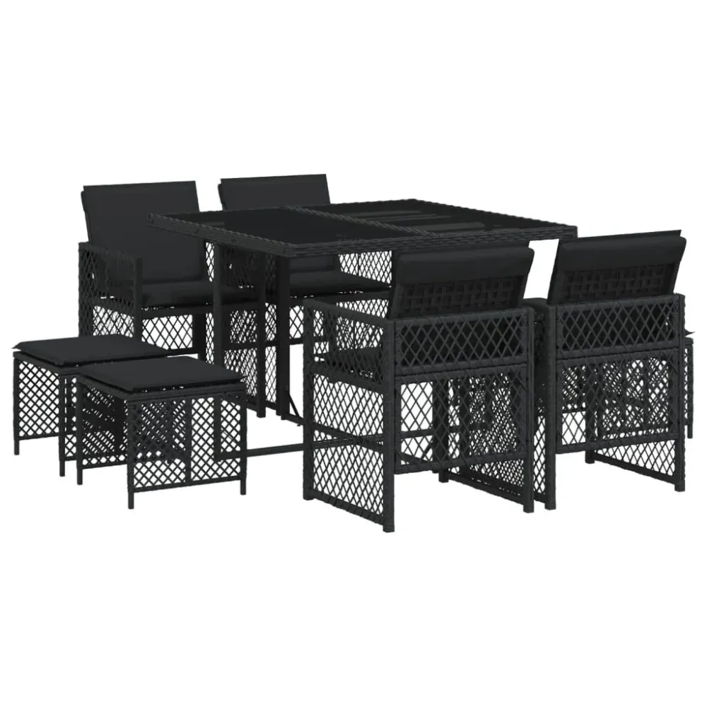 Conjunto Completo de 9 pcs conjunto de jantar para jardim com almofadões vime PE preto