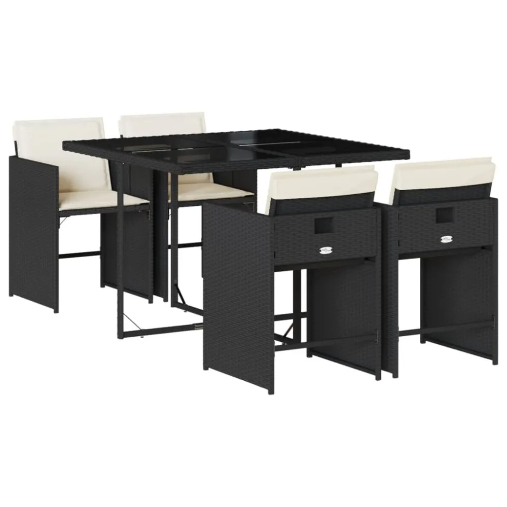 Conjunto Completo de 5 pcs conjunto de jantar para jardim com almofadões vime PE preto