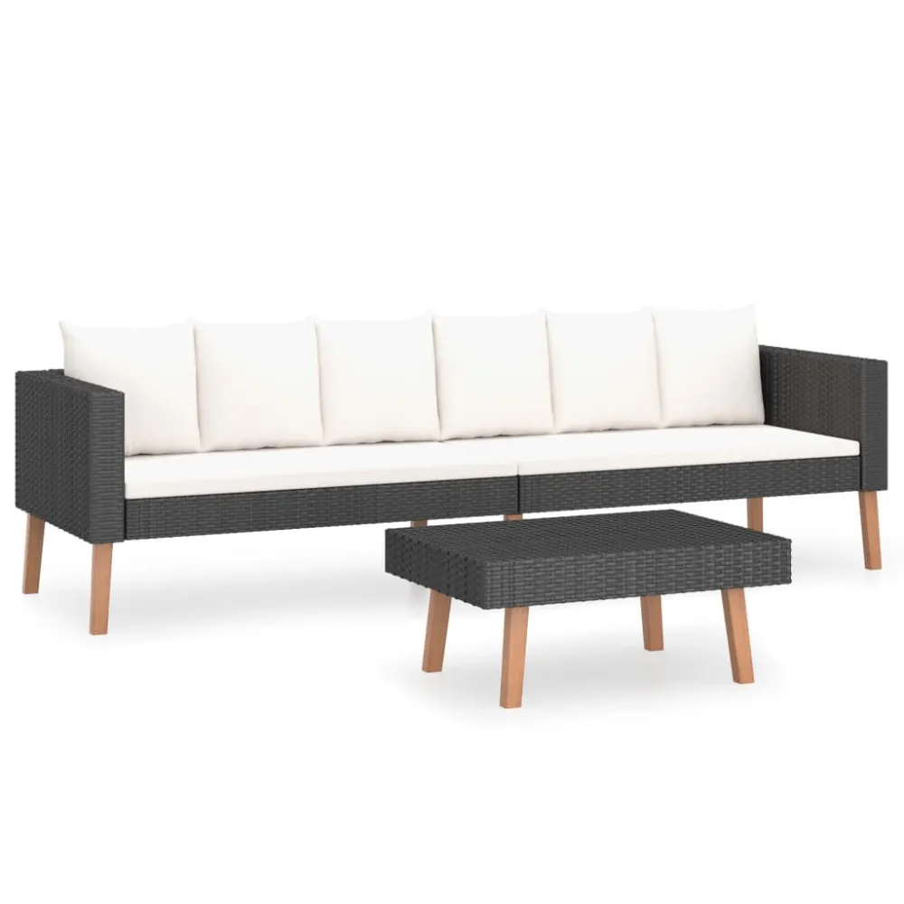 Conjunto Completo de 2 pcs conjunto lounge de jardim com almofadões vime PE preto