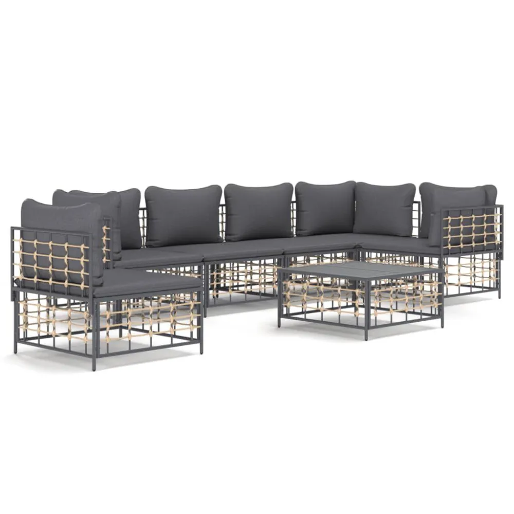 Conjunto Completo de 7 pcs conjunto lounge de jardim com almofadões vime PE antracite