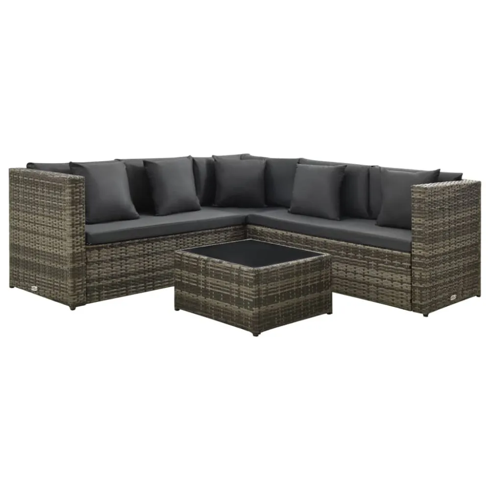 Conjunto Completo de 4 pcs conjunto lounge de jardim com almofadões vime PE cinzento