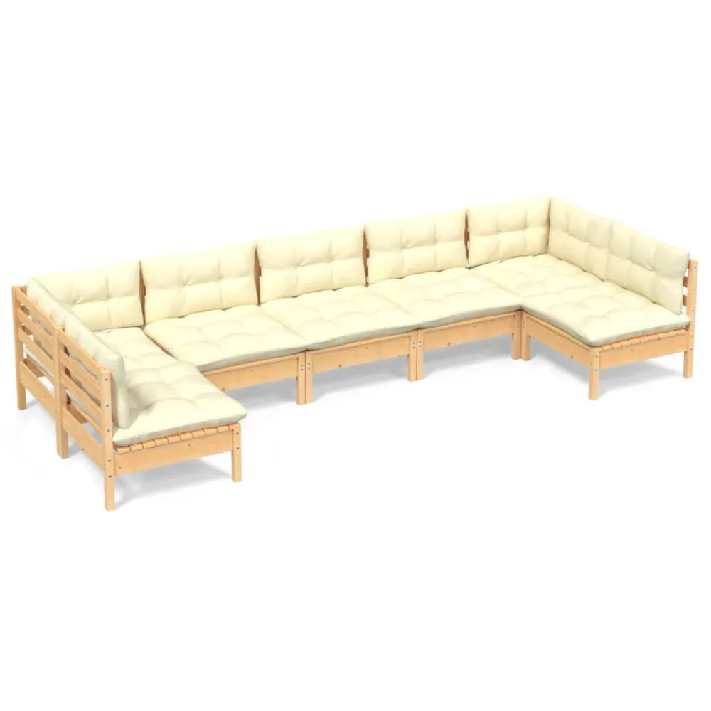 Conjunto Completo de 7 pcs conjunto lounge jardim com almofadões creme pinho maciço