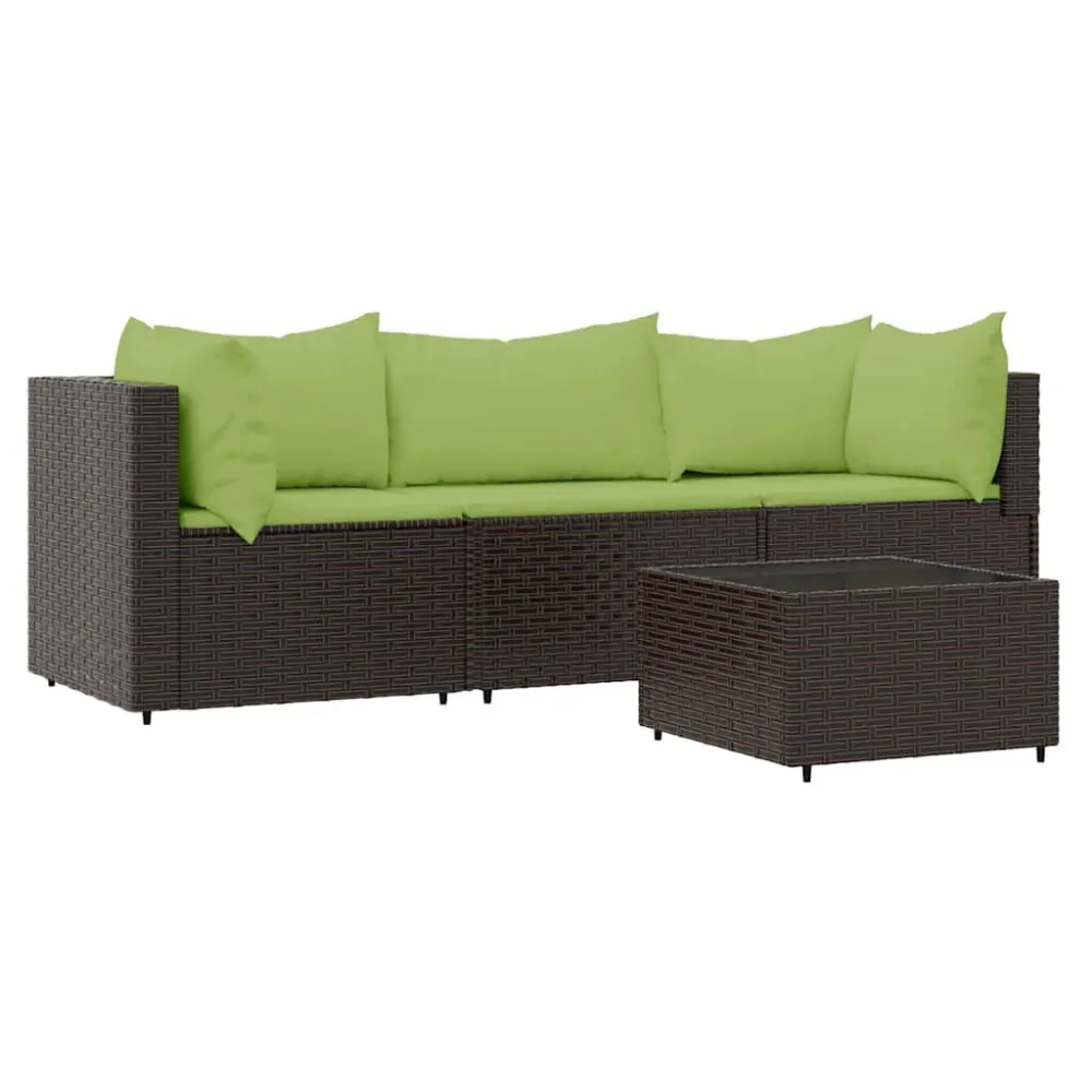 Conjunto Completo de 4 pcs conjunto lounge jardim com almofadões vime PE castanho