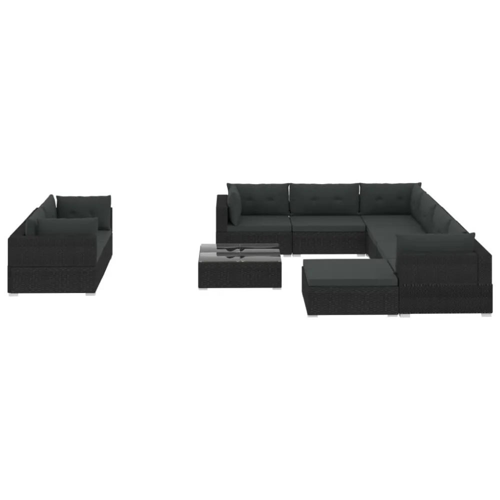 Conjunto Completo de 10 pcs conjunto lounge de jardim com almofadões vime PE preto