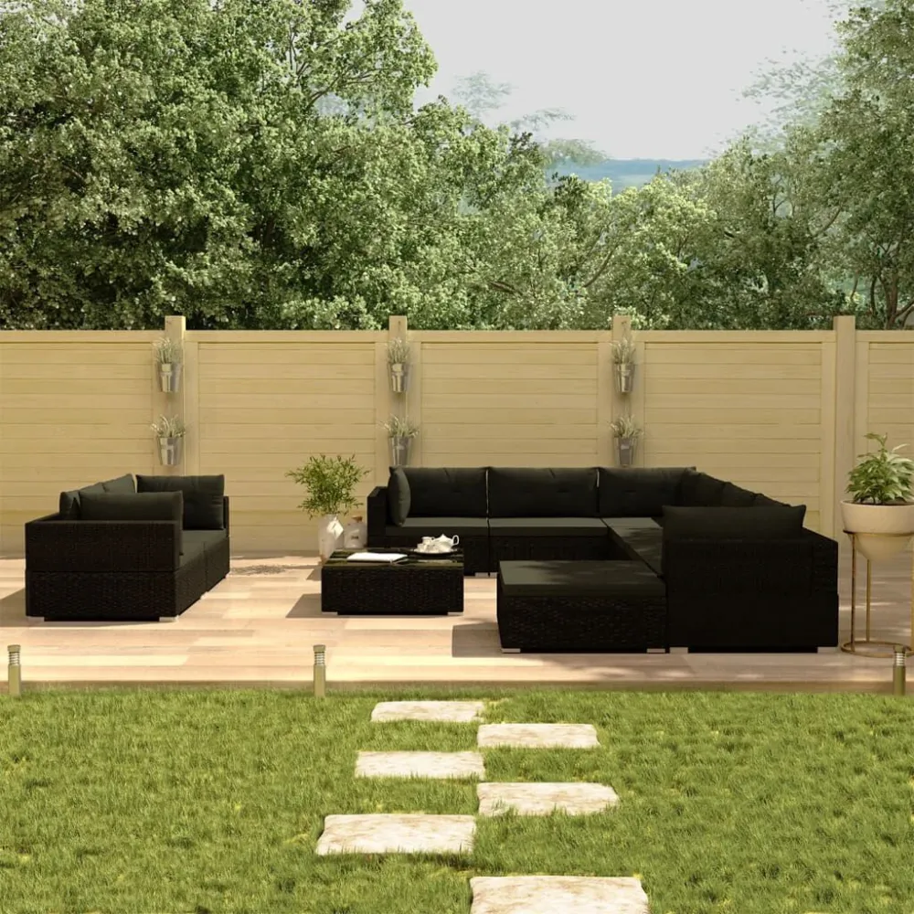 Conjunto Completo de 10 pcs conjunto lounge de jardim com almofadões vime PE preto