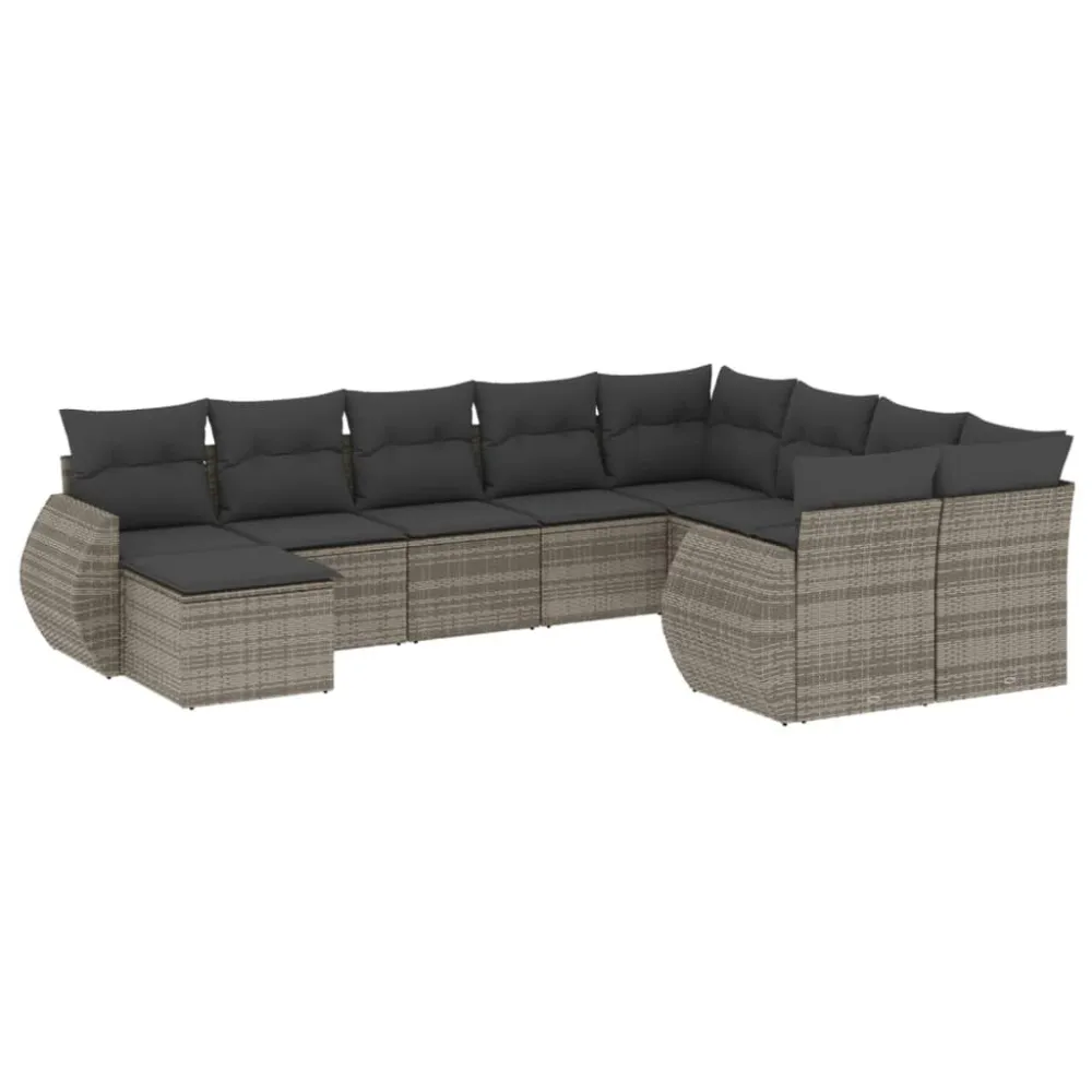 Conjunto Completo de 10 pcs conjunto sofás de jardim com almofadões vime PE cinzento