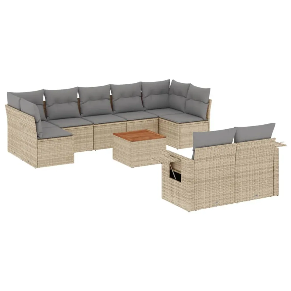 Conjunto Completo de 10 pcs conjunto de sofás para jardim com almofadões vime PE bege