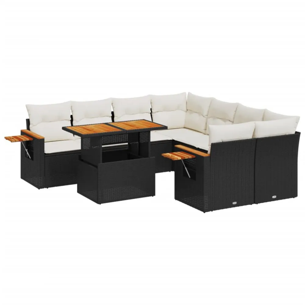 Conjunto Completo de 9 pcs conjunto de sofás para jardim com almofadões vime PE preto