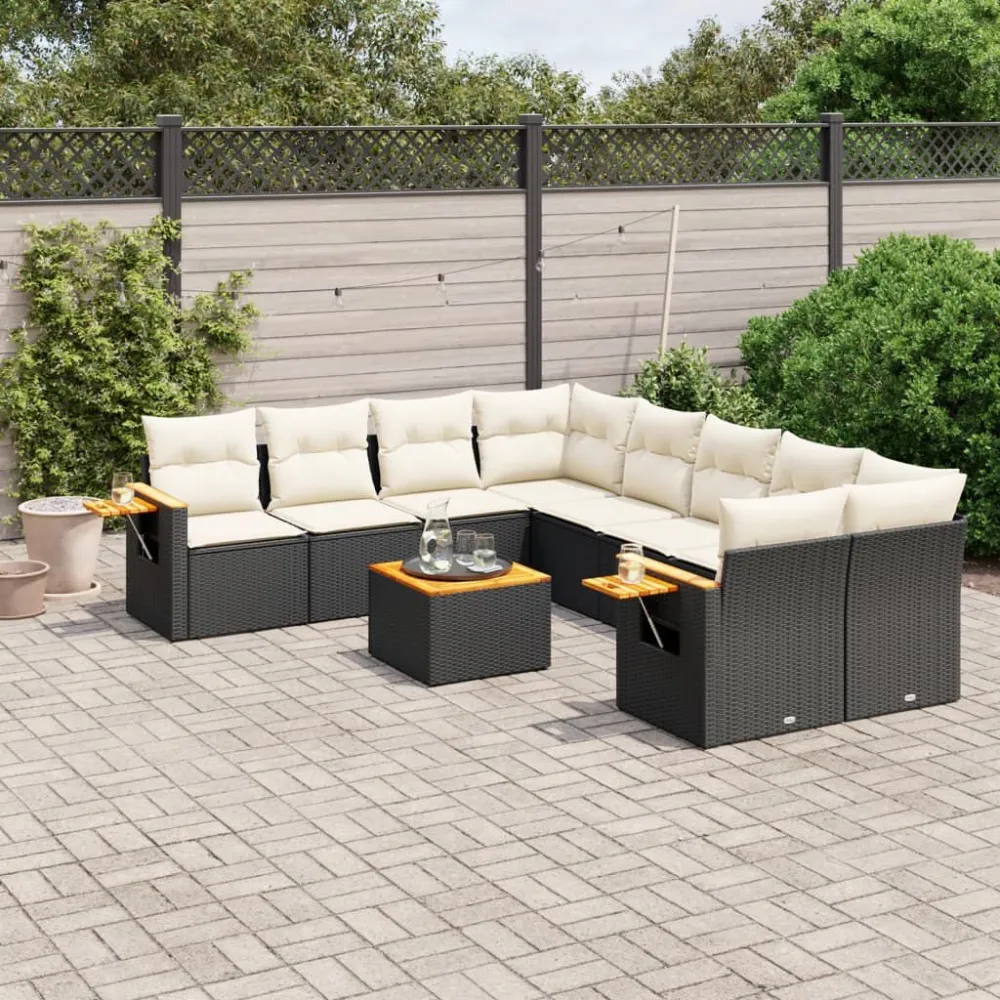 Conjunto Completo de 9 pcs conjunto de sofás para jardim com almofadões vime PE preto