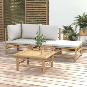 Conjunto Completo de 4 peças conj. lounge de jardim bambu com almofadões cinzento-claro