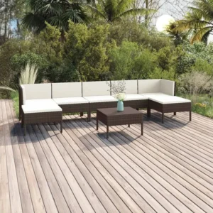 Conjunto Completo de 8 peças conjunto lounge jardim com almofadões vime PE castanho