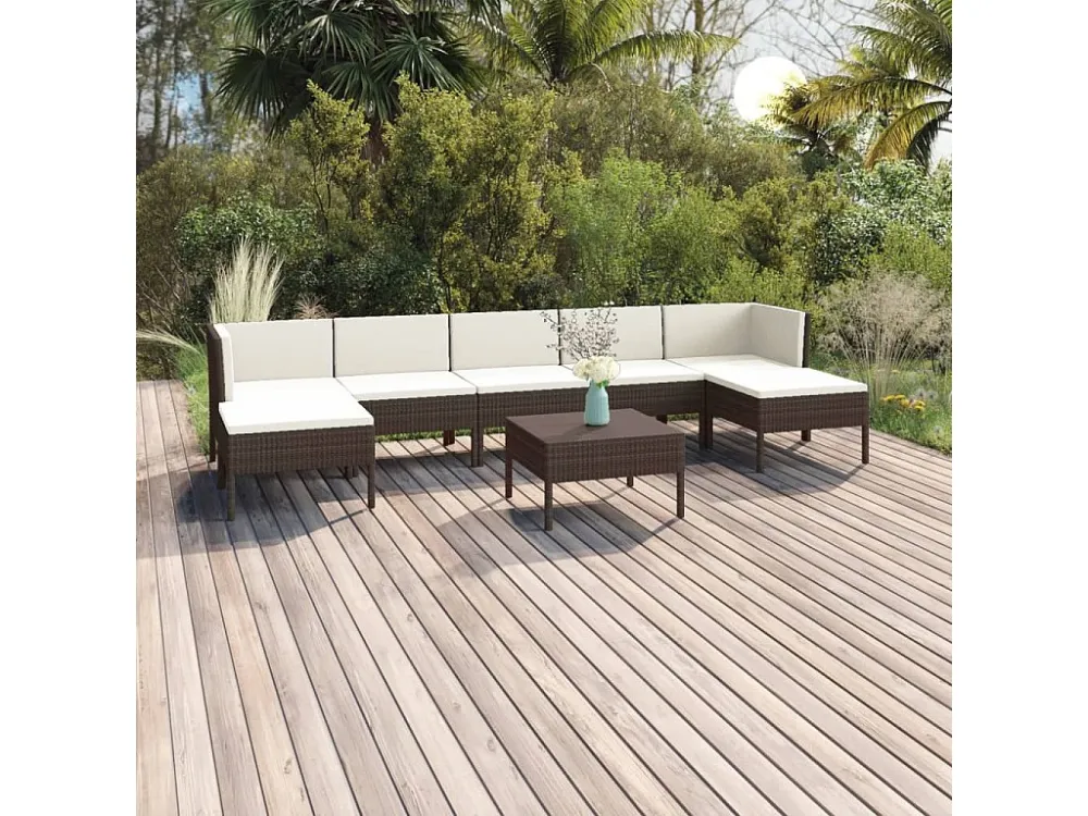 Conjunto Completo de 8 peças conjunto lounge jardim com almofadões vime PE castanho