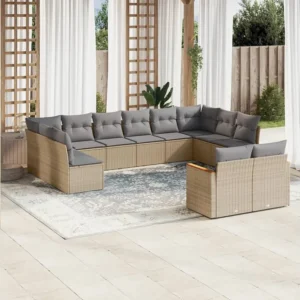 Conjunto Completo de 12 peças conjunto de sofás para jardim com almofadões vime PE bege